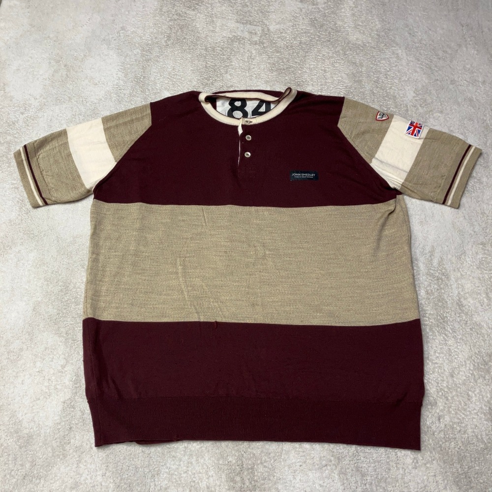 John Smedley Knit Henley Shirt Striped Merino Wool Great Britain Mens L